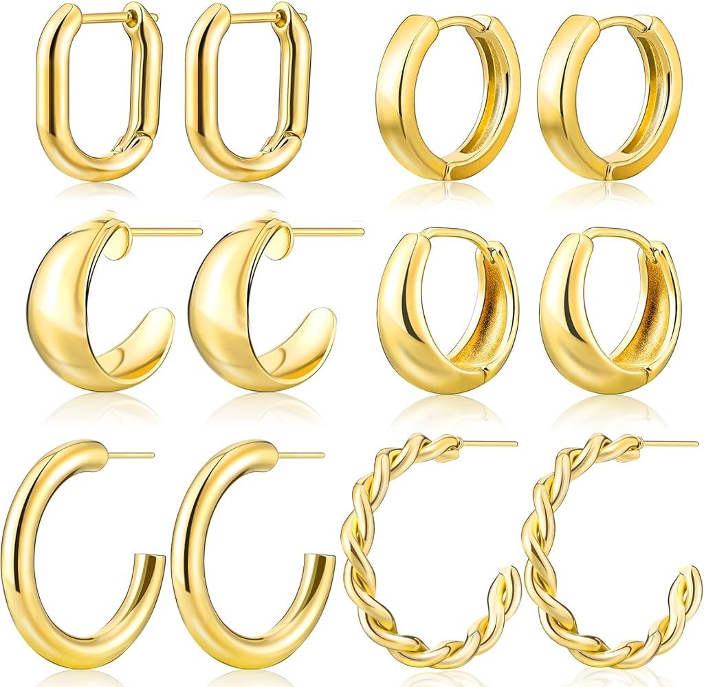 Gold Hoop Earrings Set for Women, 14K Gold Plated Hypoallergenic Lightweight Open Huggie Hoop Ear... | Amazon (US)