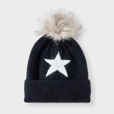 Kids' Jacquard Star and Faux Fur Pom Knitted Beanie - art class™ Black/White | Target