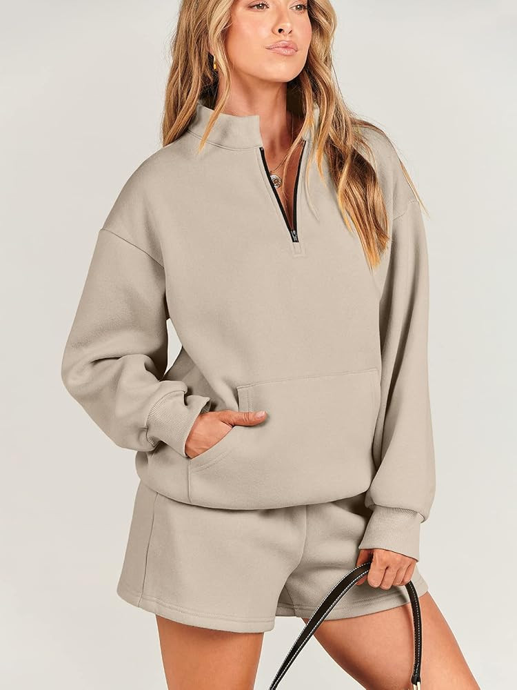 ANRABESS Women 2 Piece Outfits Sweatsuit Oversized Half Zip Collared Sweatshirt & Short Set Lounge W | Amazon (US)