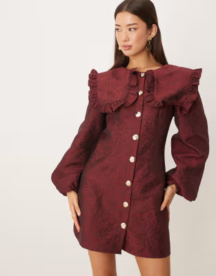 Ghospell Inola oversized collar balloon sleeve mini dress in burgundy | ASOS (Global)