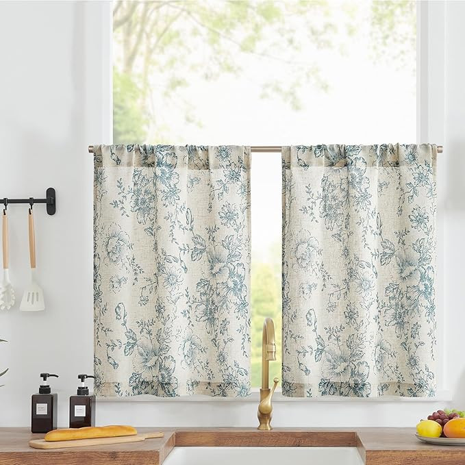 jinchan Linen Kitchen French Floral Tier Curtains 30 Inch Farmhouse Vintage Cafe Small Window Rus... | Amazon (US)