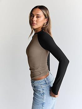 Trendy Queen Women's Long Sleeve Shirts Slim Fit Stretchy Color Block Slightly Cropped Tops | Amazon (US)