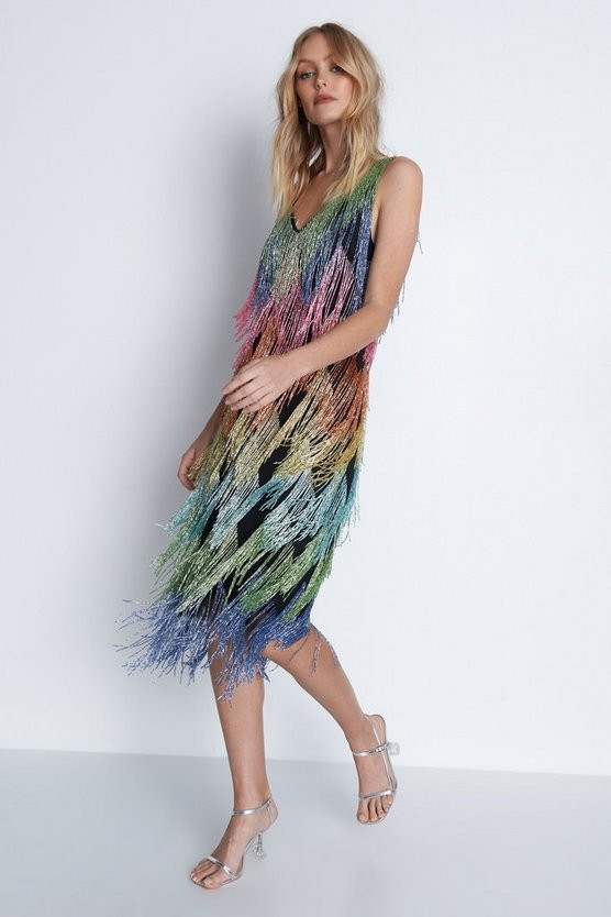 Rainbow Beaded Fringing V Neck Midi Dress | Warehouse UK & IE