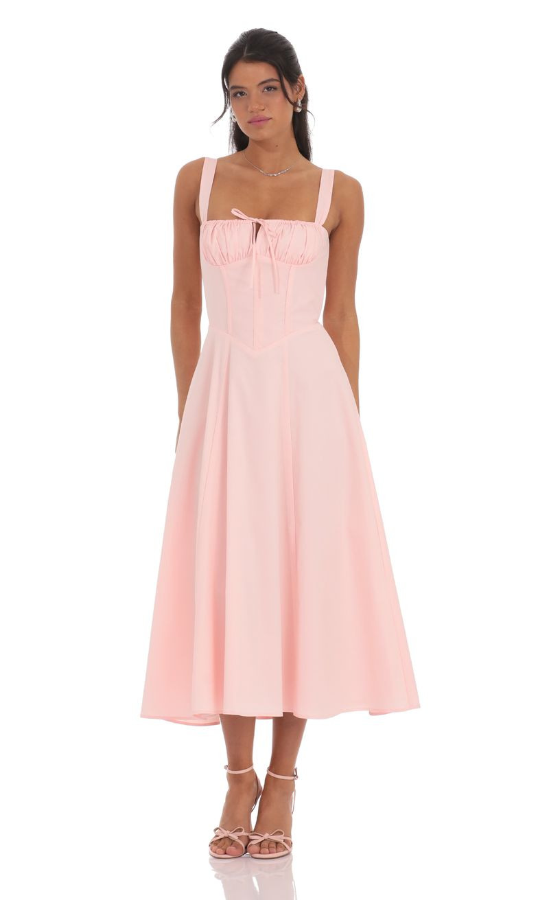 Ruched Corset Midi Dress in Pink | Lucy in the Sky