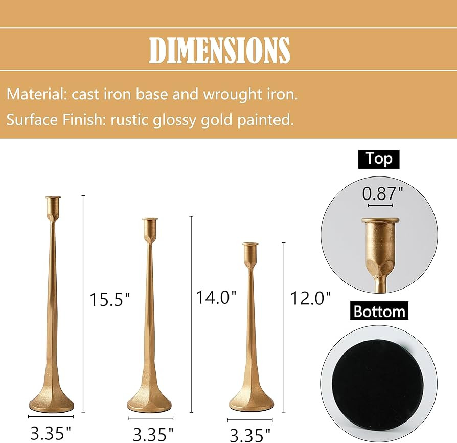 Denique Iron Taper Candle Holder Set of 3, Gold Candlestick Holders Decorative Candle Stand, Tapered Candle Holders Tall Set for Wedding, Dining Table, Home Decoration (Gold) | Amazon (US)