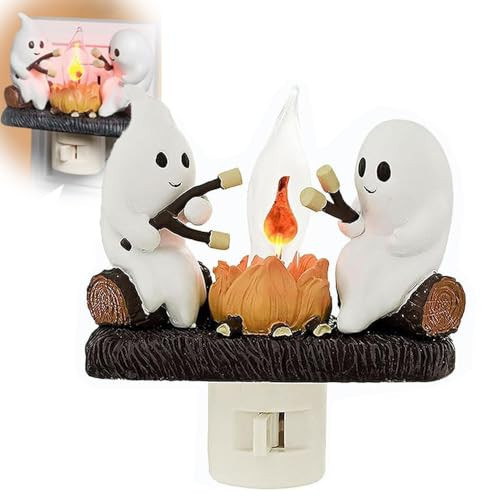 Halloween Ghost Campfire Flickering Night Light - 3D Electric Faux Flame Decor with 2 Ghosts Roasting Marshmallows, Soft Warm LED Glow,Portable Energy-Saving Indoor Decor for Kids & Adults (A1) | Amazon (US)