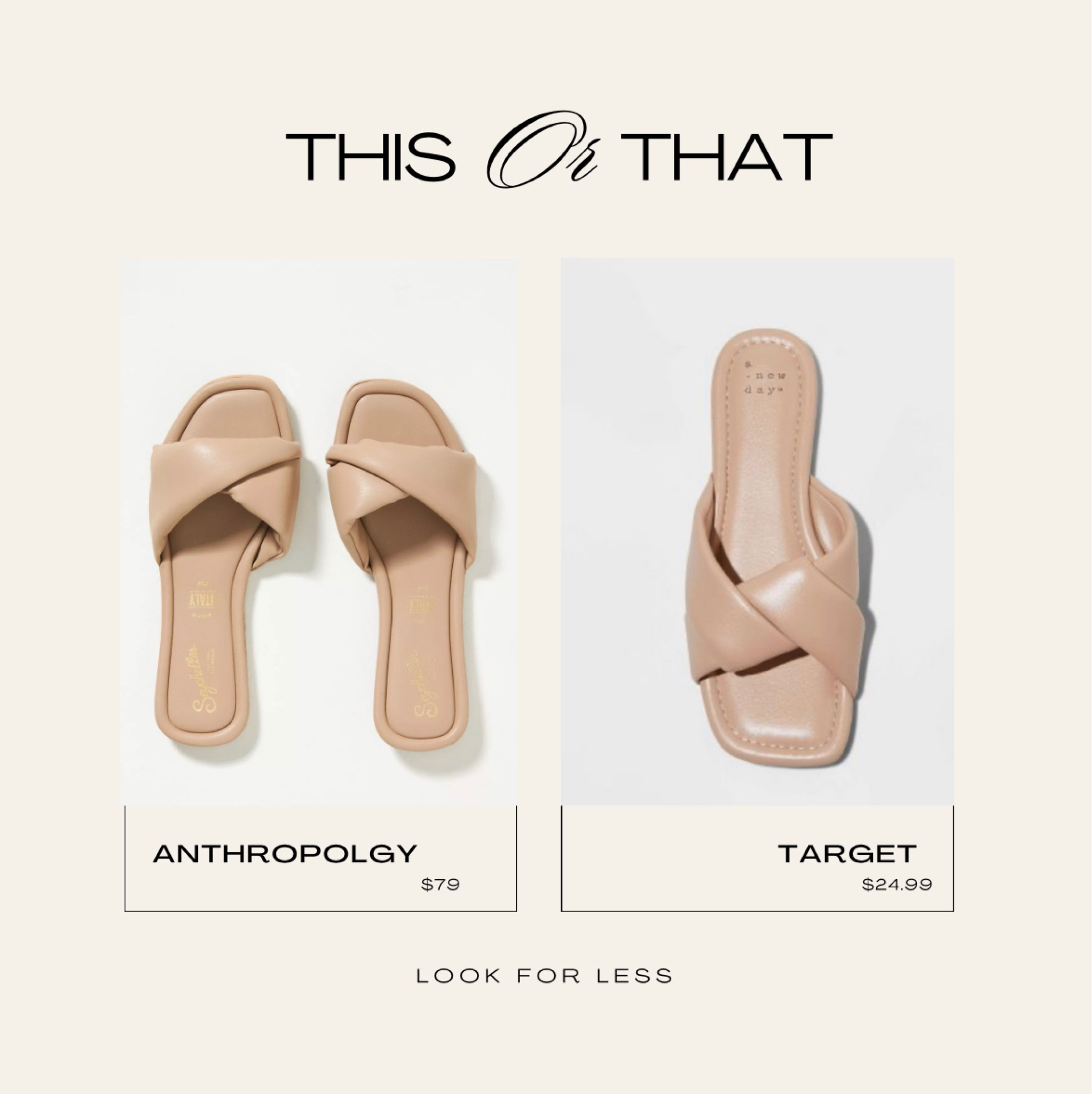 #lookforless #dupe 
Anthropology (comes in 8 colors) vs target sandal (comes in 3 colors) 

#LTKFind #LTKstyletip #LTKshoecrush