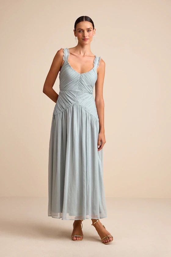 Laufey Dusty Blue Pleated Drop Waist Midi Dress | Lulus