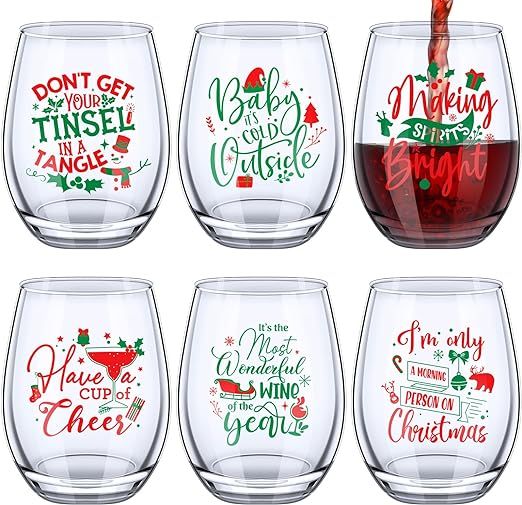 Funtery 6 Pcs Christmas wine Stemless Glass Funny Christmas Gift Set for Teacher Men Women Family... | Amazon (US)