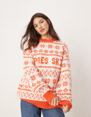 ASOS DESIGN oversized crew neck apres ski sweater with fairisle pattern in red | ASOS (Global)