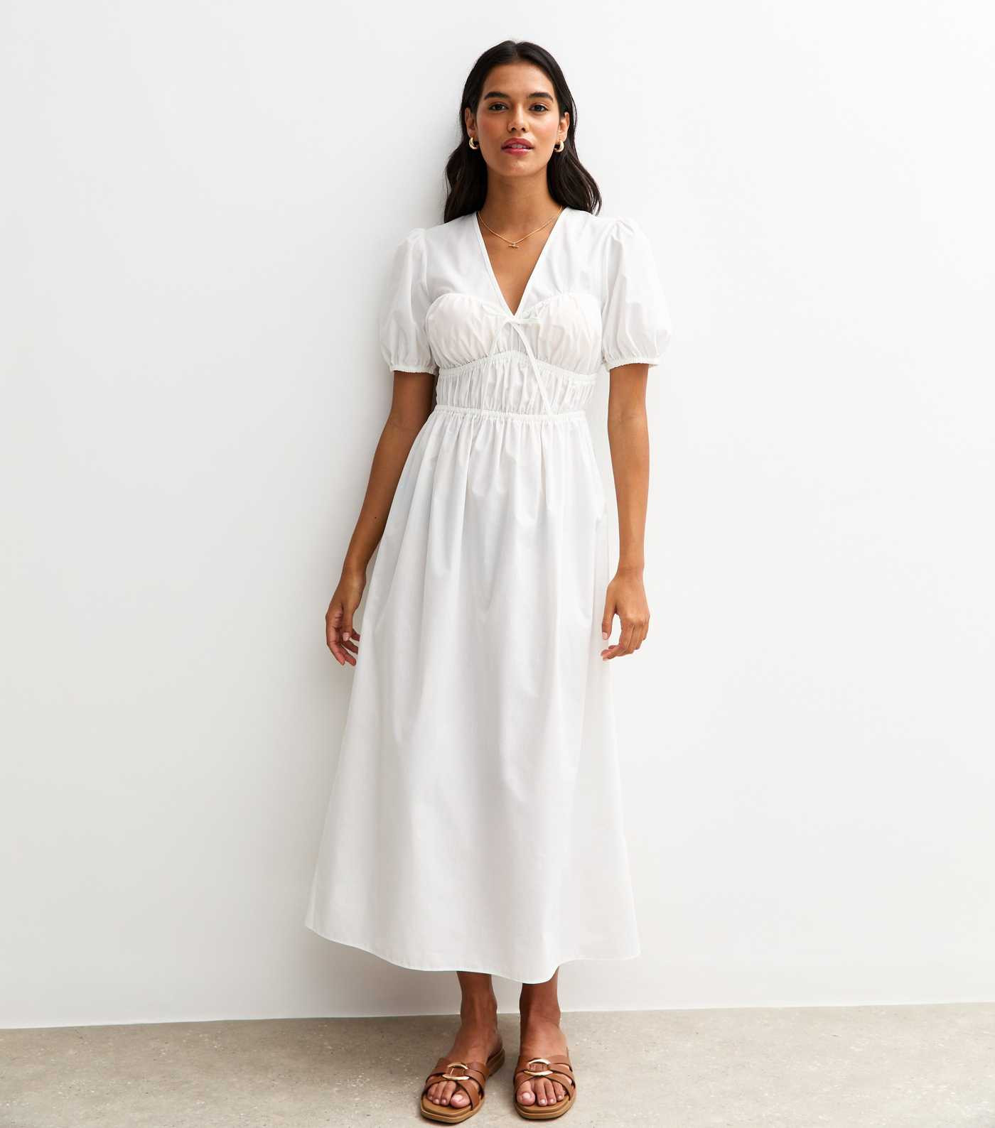 White V Neck Shirred Bodice Bow Front Midi Dress | New Look | New Look (UK)