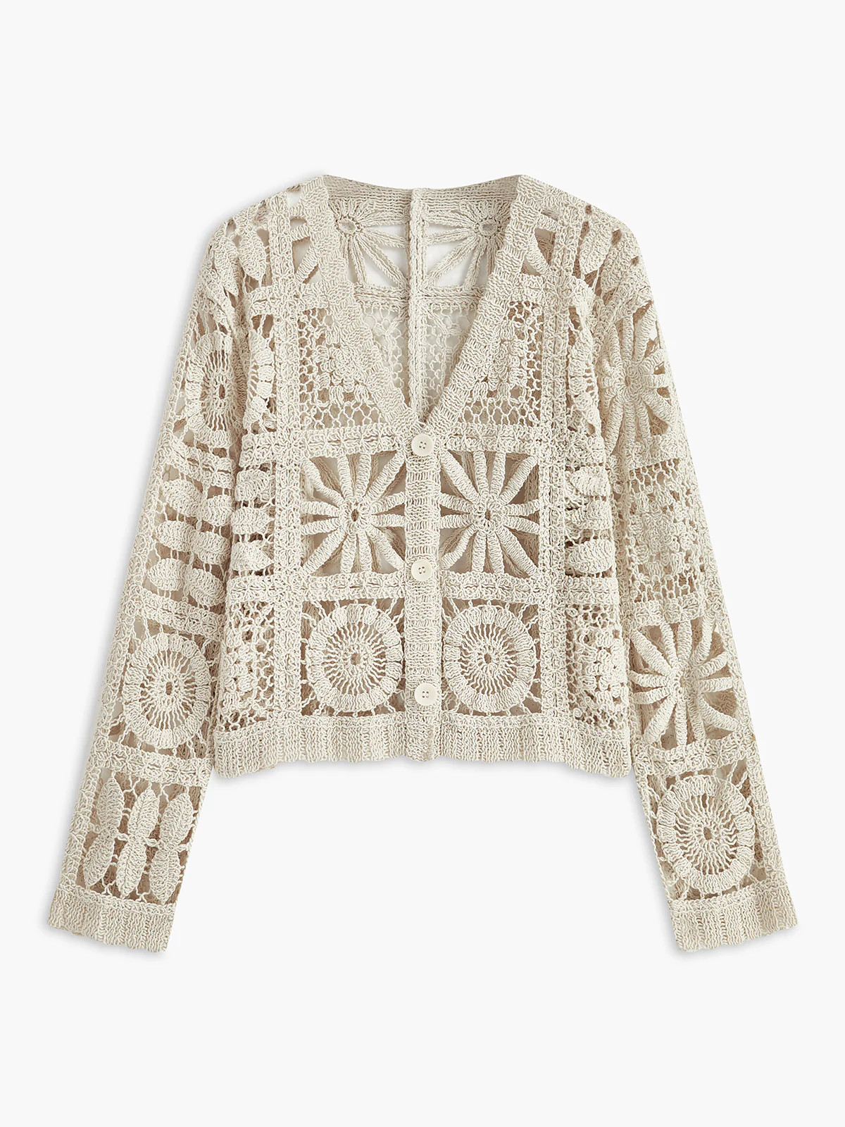 Crochet Square Pattern Button-Front Cardigan | Commense