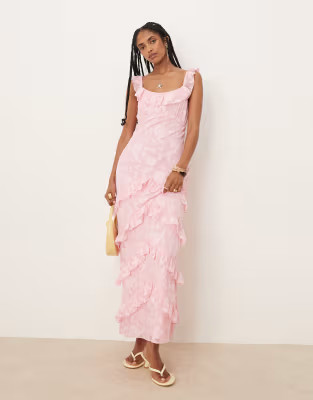 Pretty Lavish ruffle jacquard maxi dress in posie pink | ASOS | ASOS (Global)