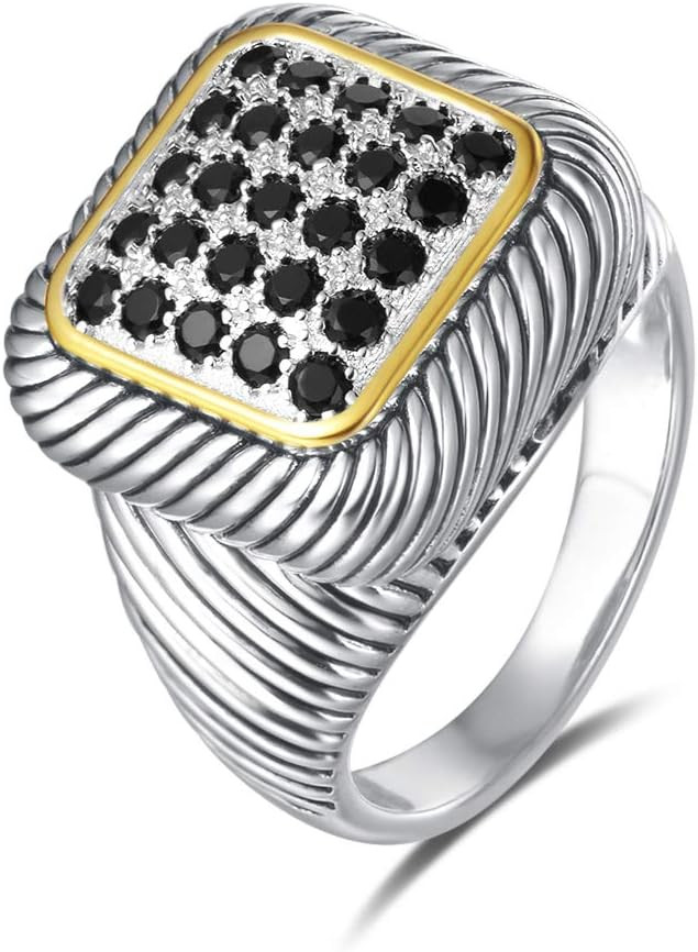UNY JEWEL Twisted Cable Ring Designer Inspired Fashion Brand David Square Pave CZ Women Two Tone Jewelry Christmas Gifts (Black, 8) | Amazon (US)