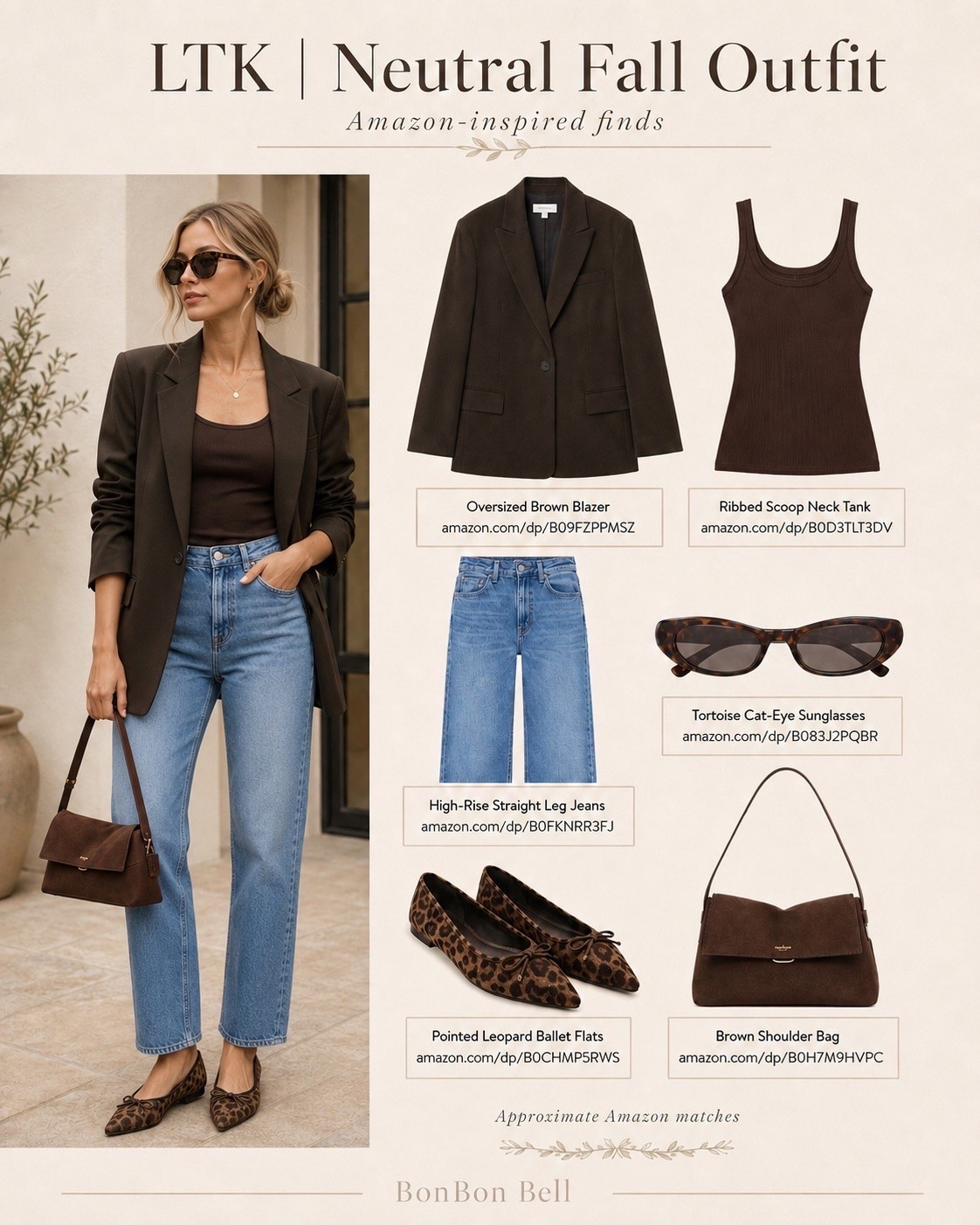 NEUTRAL FALL OUTFIT 🤎
Chocolate brown is going to be everywhere this fall, and I love it paired with straight-leg denim and leopard ballet flats.

Linked similar Amazon finds for the blazer, scoop-neck tank, jeans, sunglasses, flats + brown bag.

#LTKStyleTip #LTKFindsUnder100 #LTKOver50 #FallStyle #AmazonFashion

#LTKootd #LTKPetite #LTKSaleAlert
