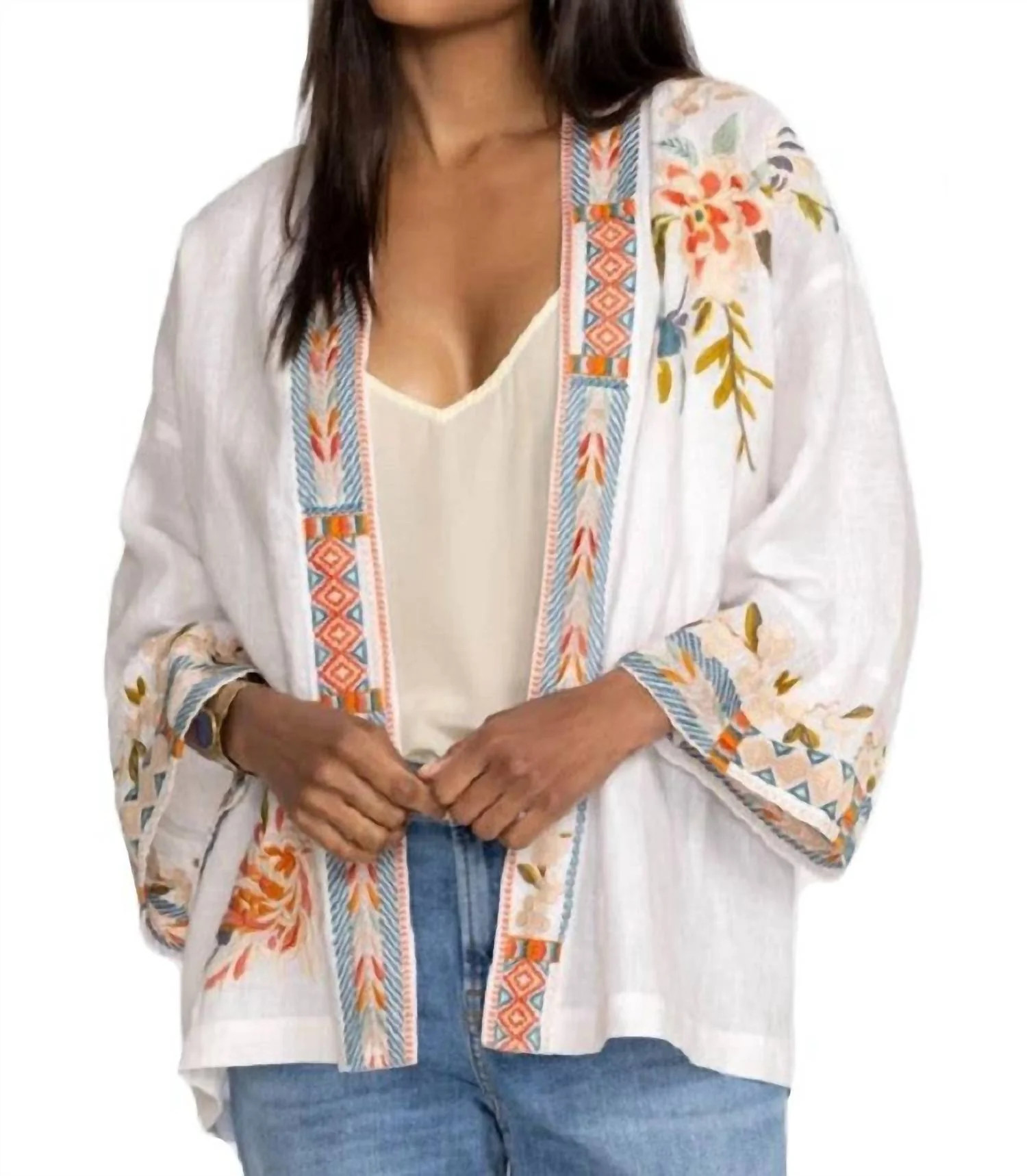 Ceretti Linen Cropped Kimono In White | Shop Simon