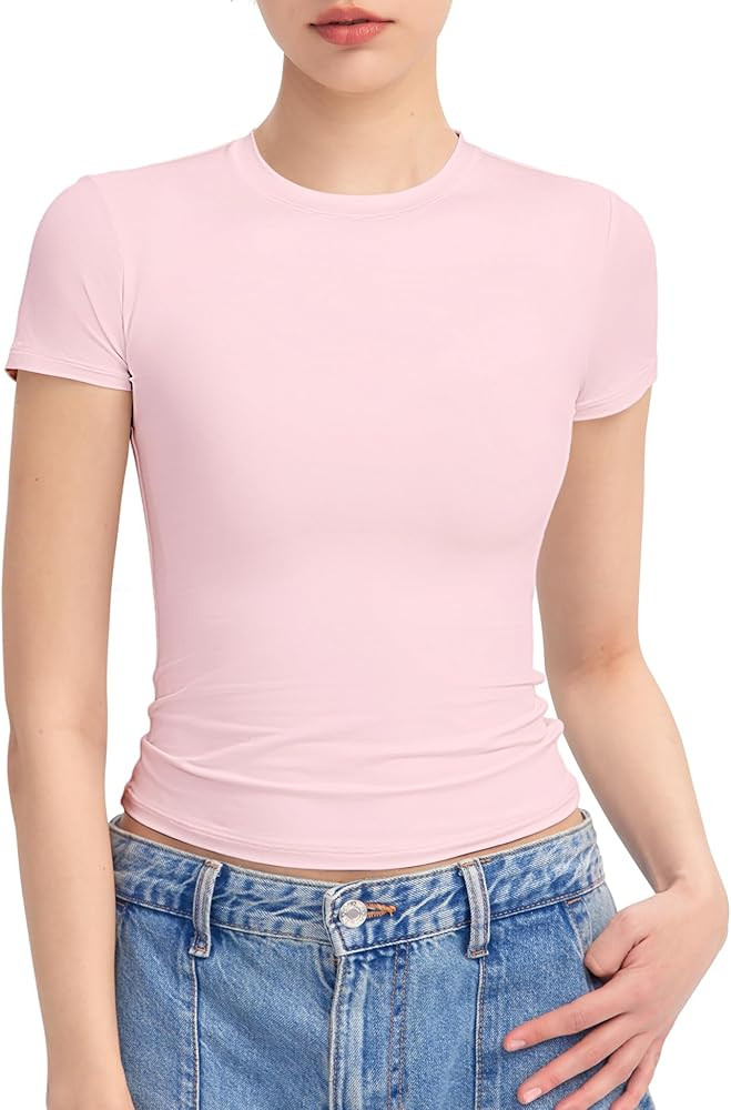 PUMIEY Women's Crew Neck Short Sleeve Tops Double Lined Slim Fit T Shirts Basic Tee Smoke Cloud P... | Amazon (US)