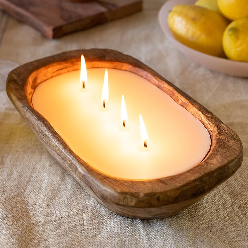 Wooden Dough Bowl Candle 10 Inch, Soy Candle, Farmhouse Candles for Table, Wood Boat 4 Wick, Déc... | Amazon (US)