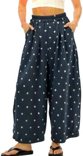 Polka Dot Pants for Women Summer Boho Beach Elastic Waist Palazzo Wide Barrel Leg Pants with Pock... | Amazon (US)