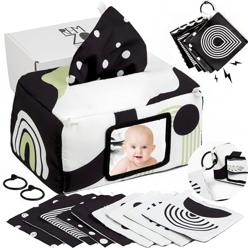 Baby Tissue Box Toy 3-in-1 w/ 10 Hanging Baby Crinkle Paper and Baby Tummy Time Mirror - High Contrast Baby Toys for Newborn - Sensory Montessori Magic Tissue Box Baby Toy - Crinkle Books for Babies | Amazon (US)