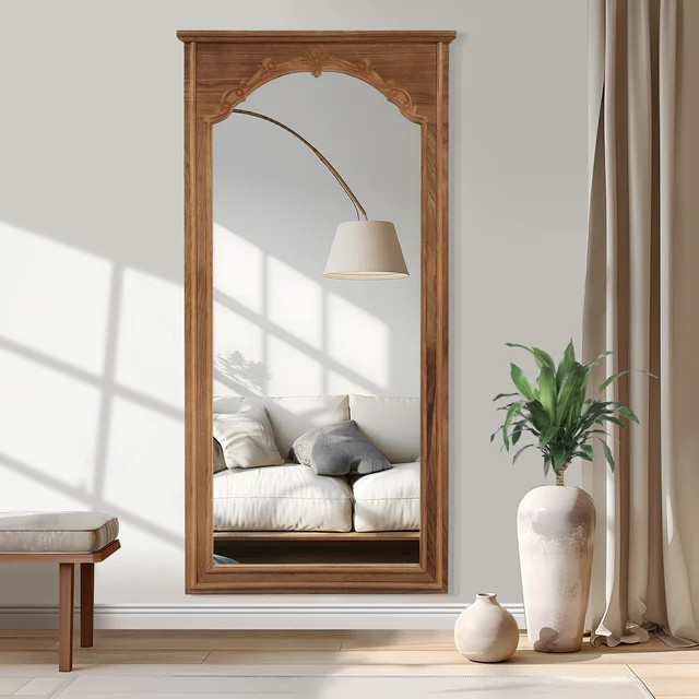 71"x35" Wood Arched Full Length Mirror Carved Floor Standing Mirror,Walnut | Walmart (US)