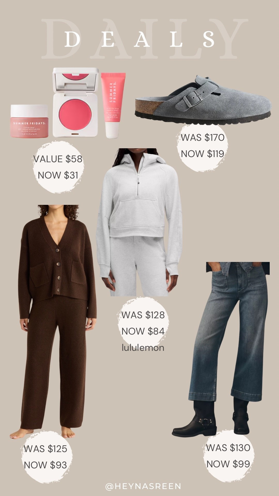 Daily deals on Summer Fridays set, Birkenstock clogs, lululemon scuba, Anthropologie jeans, Nordstrom lounge set 