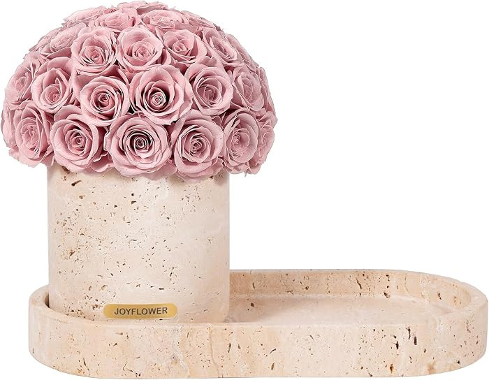 Preserved Flowers Vase, Yellow Travertine Flower Vases & Travertine Tray, Eternal Flower Decorations for Party Home Living Room Bedroom Coffee Table, Decorative Flower Vase House Decor(Pink) | Amazon (US)