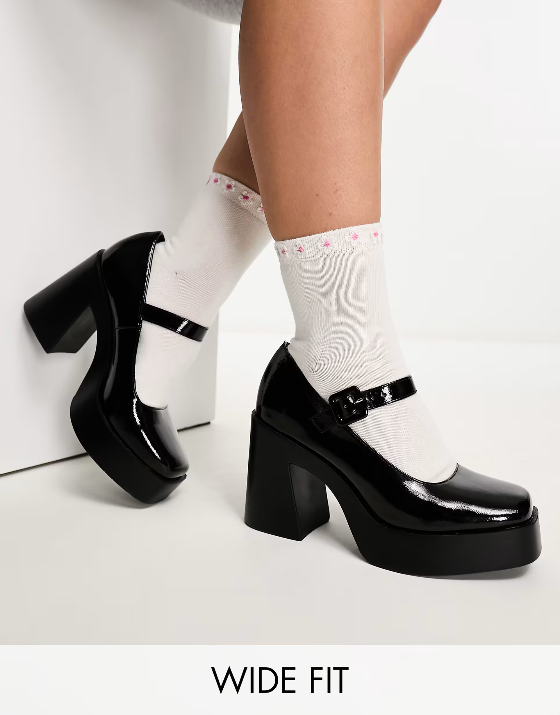 ASOS DESIGN Wide Fit Pound platform mary jane heeled shoes in black | ASOS (Global)
