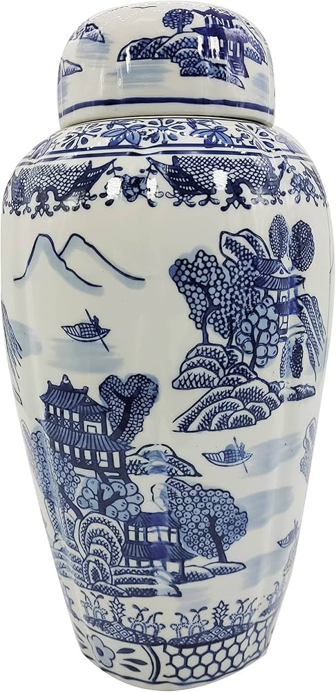 Galt International 16" Blue and White Urn Style Ceramic Porcelain Ginger Jar Classic Temple Lands... | Amazon (US)