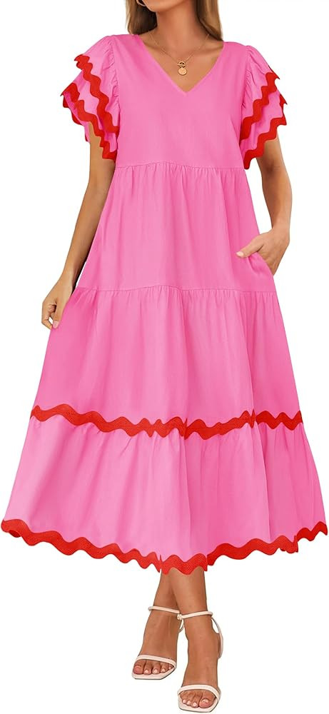 ZESICA Womens 2026 Summer Casual Midi Dresses V Neck Flutter Short Sleeve Ruffle Tiered A Line Fl... | Amazon (US)