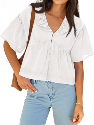 Cicy Bell Womens Cropped Babydoll Tops Summer Eyelet V Neck Short Sleeve Cute Blouses Ruffle Shir... | Amazon (US)