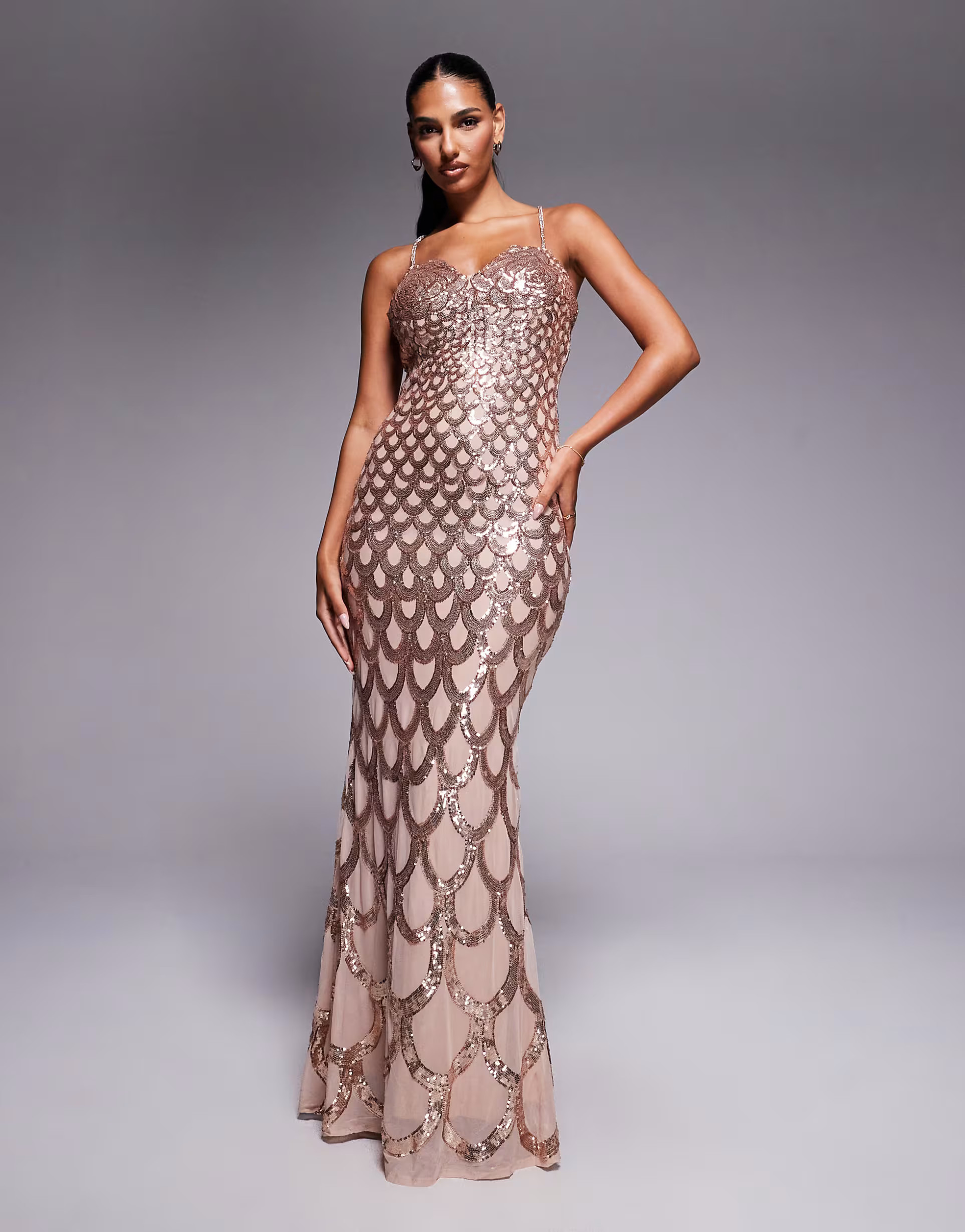 Goddiva Diamante strap fish scale sequin maxi dress in champagne | ASOS (Global)