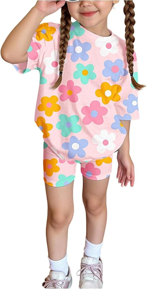 Floerns Toddler Girl's 2 Piece Cute Outfit Short Sleeve Floral T Shirts with Shorts Set | Amazon (US)
