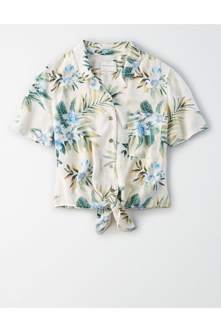 AE Tropical Tie Front Button Up Shirt Women's White XS | American Eagle Outfitters (US & CA)