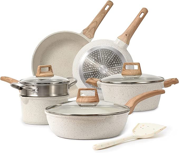 Amazon.com: CAROTE Pots and Pans Set Nonstick, White Granite Induction Kitchen Cookware Sets, 10 ... | Amazon (US)