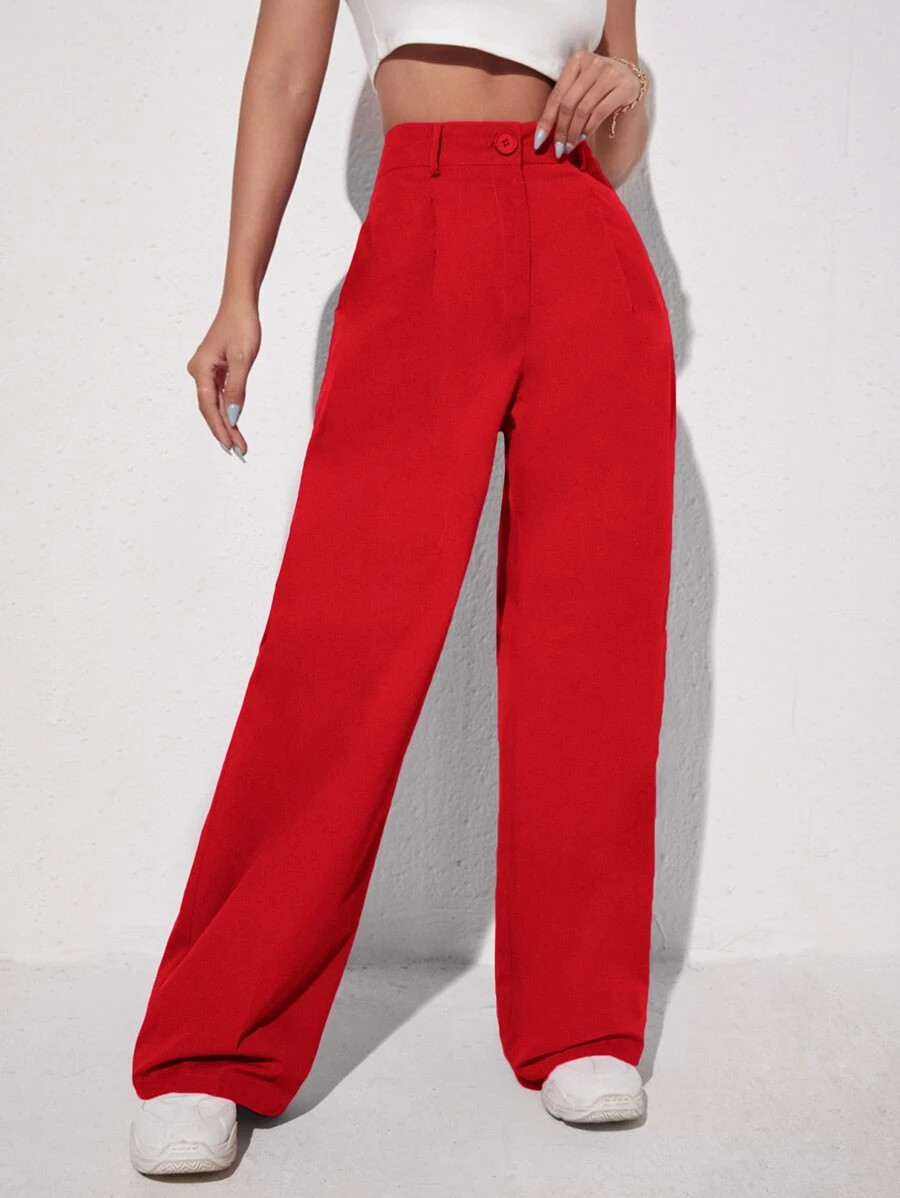 SHEIN EZwear Red Summer Women's Solid Color Casual Long Pants | SHEIN