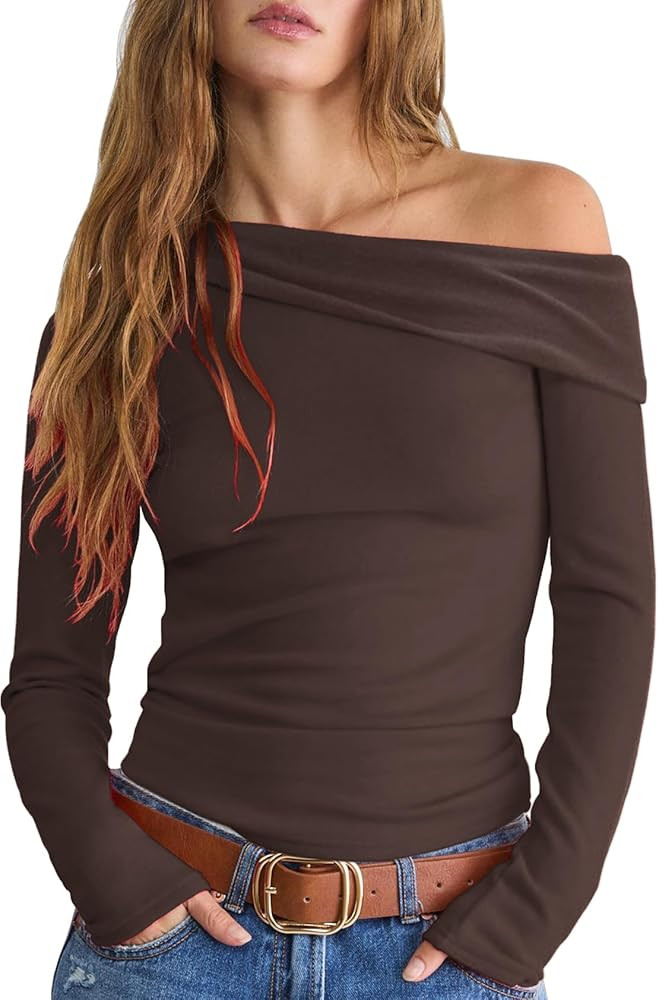 LIYOHON Women's Off The Shoulder Top Long Sleeve Shirts Sexy Slim Blouses Date Night Going Out On... | Amazon (US)