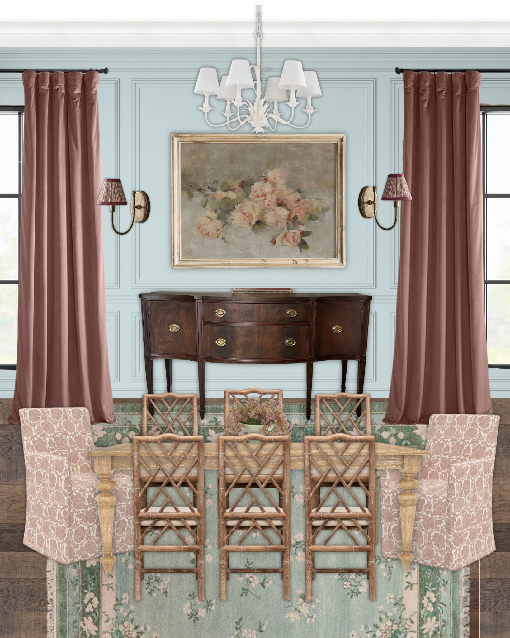 Timeless charm meets vintage romance in this elegant dining room design. A soft blue paneled wall sets the stage for a blend of warm wood tones, muted florals, and antique-inspired pieces. The classic Sheraton-style sideboard adds a touch of tradition, complemented by a romantic floral painting framed in natural wood . Blush velvet drapes frame the space, bringing warmth and depth, while cane-back dining chairs and printed slipcovered armchairs offer a refined yet inviting seating arrangement. A white chandelier and sconce lighting with pleated shades complete the space, balancing old-world elegance with modern sophistication.

Save this for your next vintage-inspired dining room refresh! Shop the look below.

dining room decor, vintage dining room, grandmillennial style, traditional home decor, antique-inspired furniture, classic interiors, cottagecore dining room, blue and blush decor, elegant dining room, romantic home style, chinoiserie dining chairs, velvet drapes, floral artwork, French country decor, timeless home design, neutral aesthetic, wood dining table, slipcovered dining chairs, Sheraton sideboard, pleated lamp shades

#LTKHome #LTKSaleAlert #LTKSeasonal