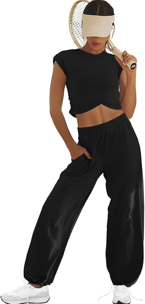 LAMISSCHE Womens Loungewear Set 2 Piece Outfits Sets Cropped Tops and Wide Leg Pants with Pockets... | Amazon (US)