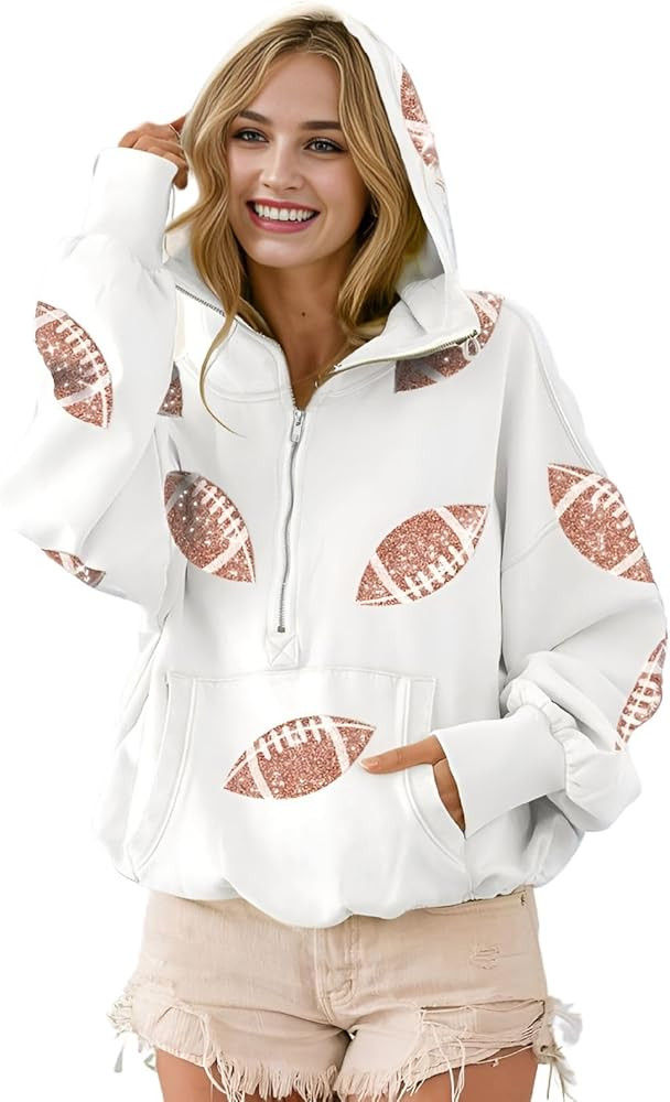 Joiemont Womens Football Sequin Rugby Patches Half Zip Up Fleece Hoodie Casual Pullover Long Slee... | Amazon (US)