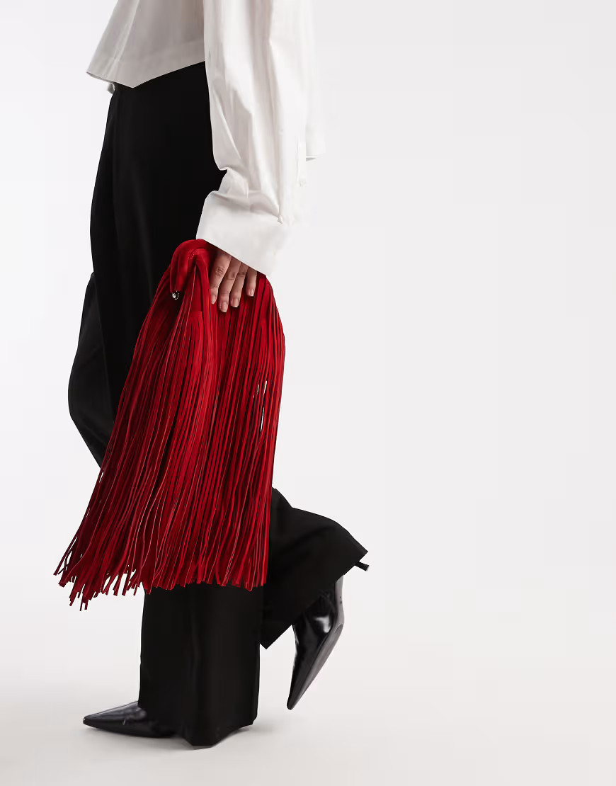 ASOS DESIGN fringed clutch bag in red suede | ASOS (Global)