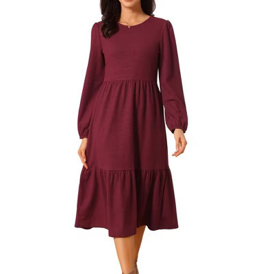 INSPIRE CHIC Women's Fall Long Sleeve Round Neck Tiered Casual Knit A-Line Midi Dress with Pockets Burgundy X-Large | Target