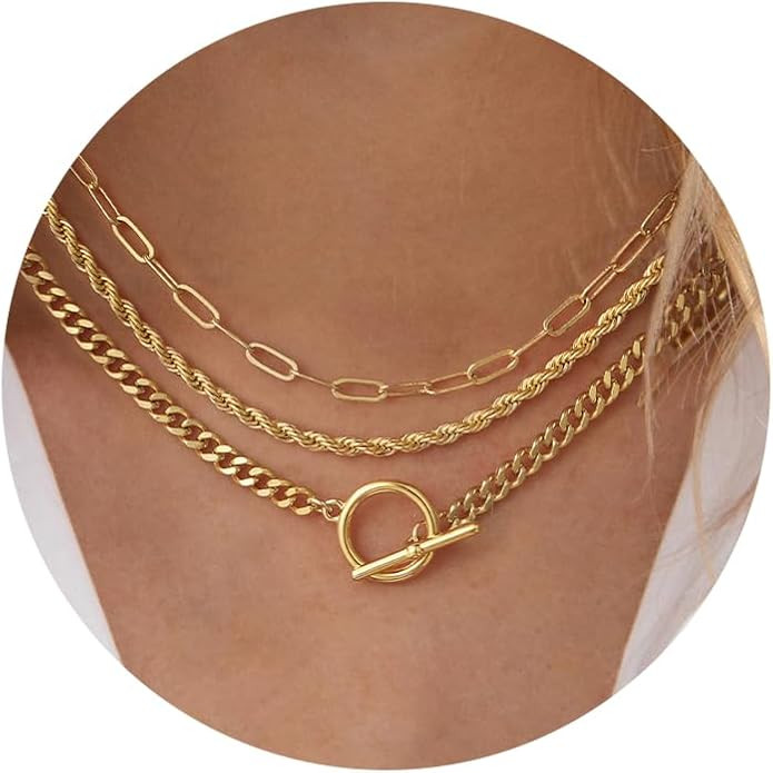 Layered Toggle Clasp Necklaces for Women - 14K Gold Plated Dainty Fashion Paperclip Necklace Hear... | Amazon (US)