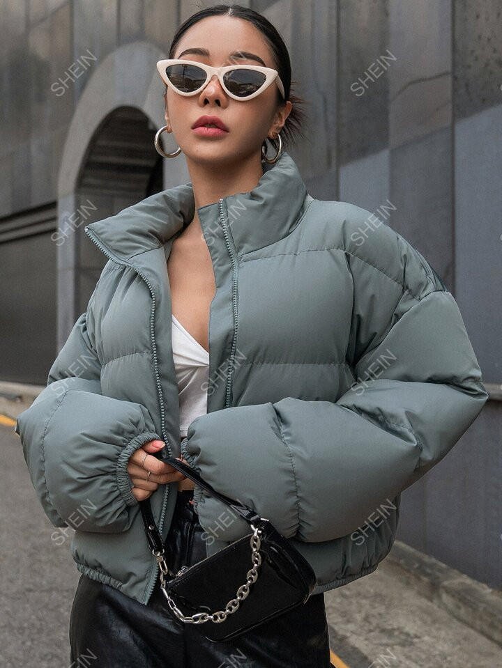 DAZY Drop Shoulder Zipper Puffer Thick Pockets Coat | SHEIN