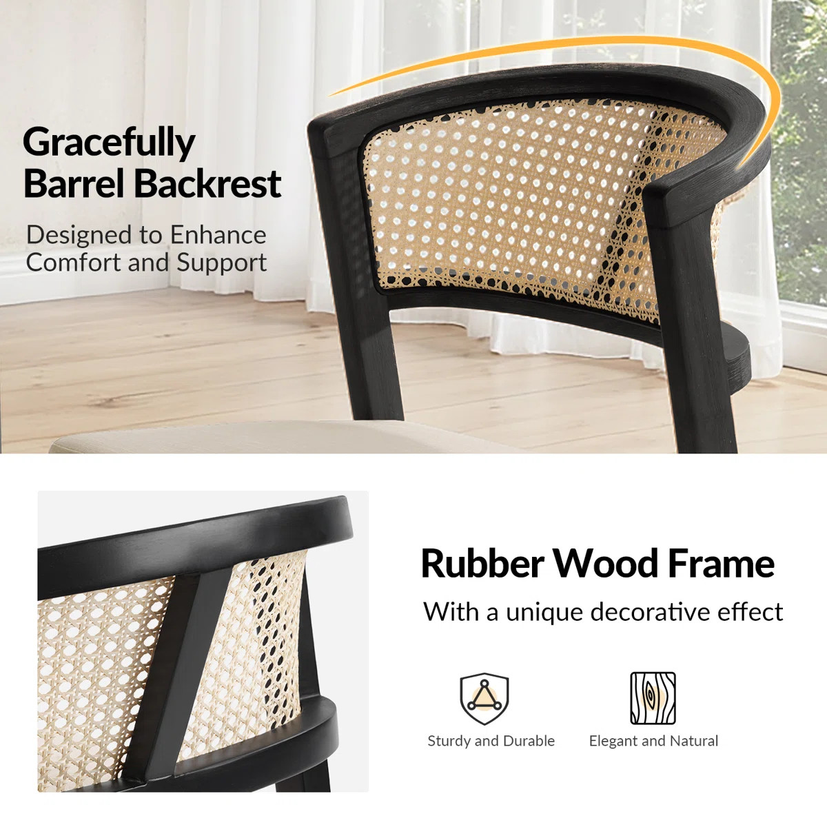 Debbora 21.75’‘W Coastal Solid Wood Barrel Dining Chair With Rattan Backrest (Set of 2) | Wayfair North America
