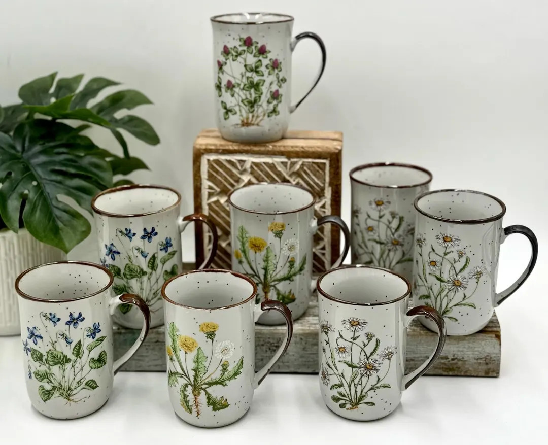 Charming Retro Ceramic Stoneware Mugs With Handles Botanical Wildflower Floral Graphics Violet Fi... | Etsy (US)