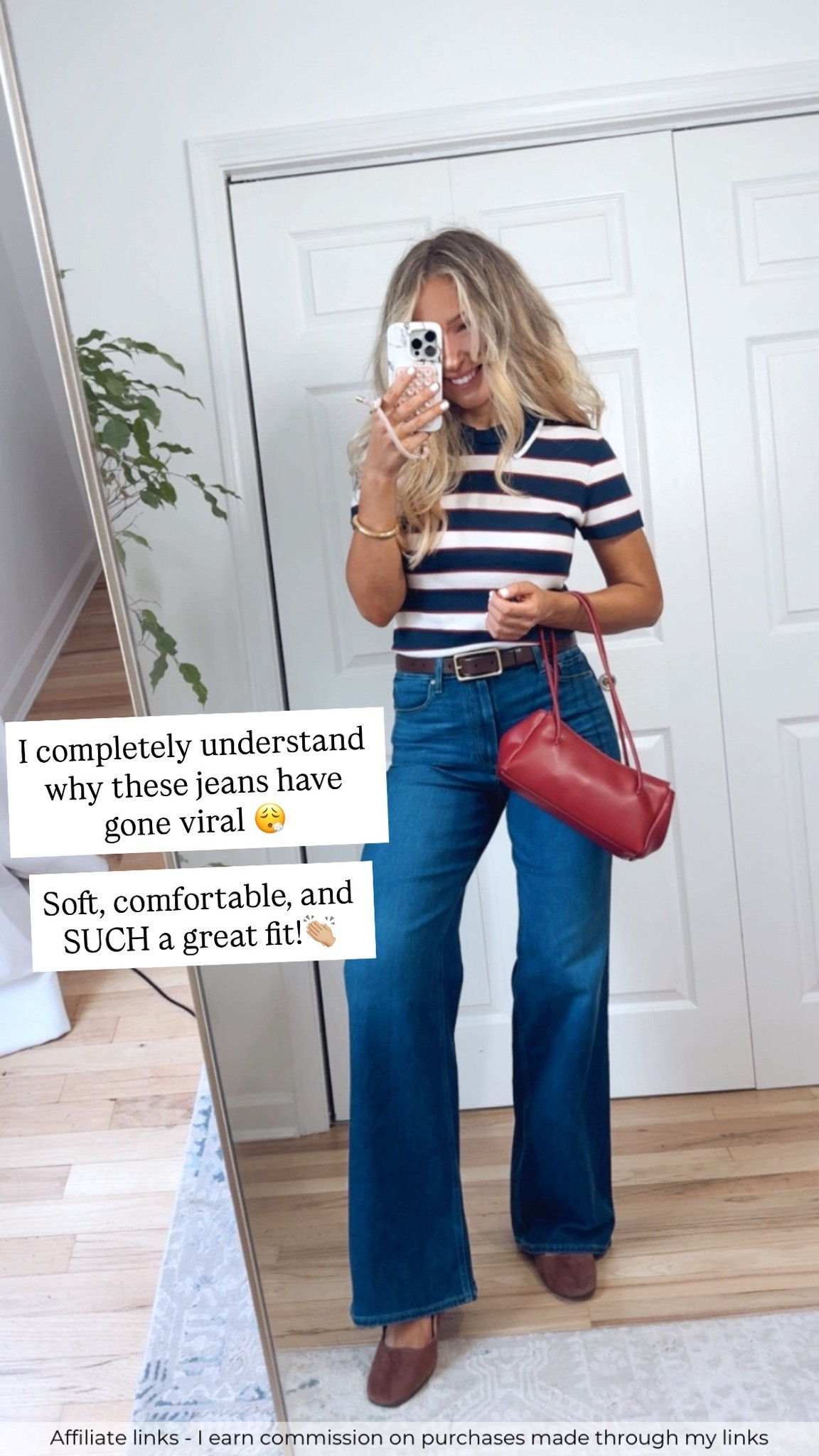 Affiliate links - I earn commission on purchases made through my links 

Early fall outfits
Viral jeans
Paige Anessa jeans
Striped knit top
Zara red bag