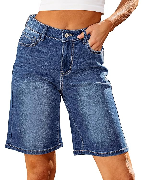 luvamia Bermuda Jean Shorts for Women High Waisted Trendy Stretchy Denim Shorts Knee Length Cutof... | Amazon (US)