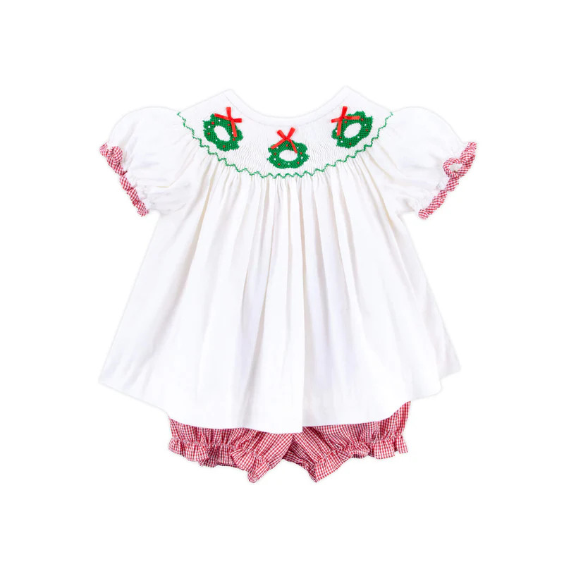 Wreath Smocked White Corduroy Bloomer Set | Classic Whimsy