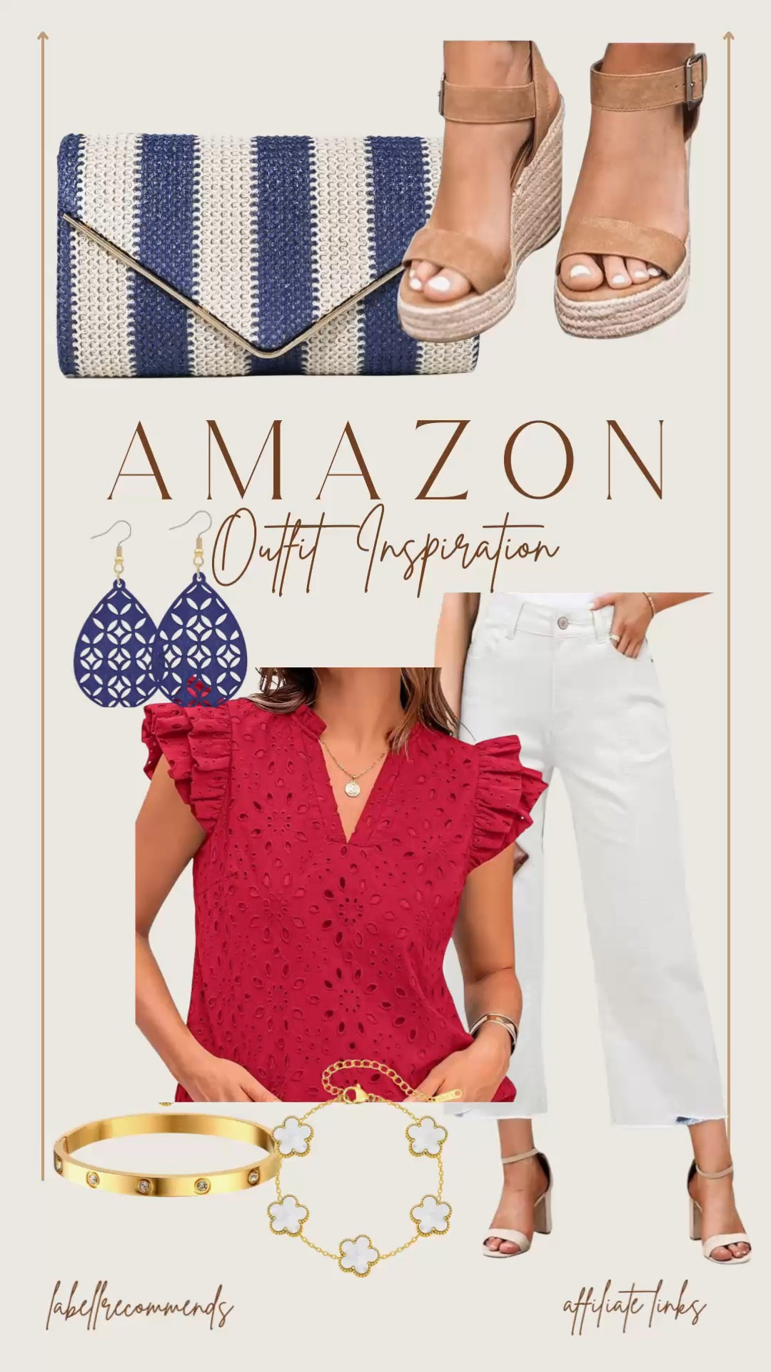 Memorial Day or 4th of July elevated OOTD look! Perfect outfit for Memorial Day or 4th of July holiday! From wedge shoes, white jeans, red, white and blue accessories this is a one stop shop for your holiday outfit. 

#amazonfashion #memorialdayoutfit
#4thofjulyoutfit #OOTD#LTKStyleTip #LTKSummerEdit

#LTKSeasonal